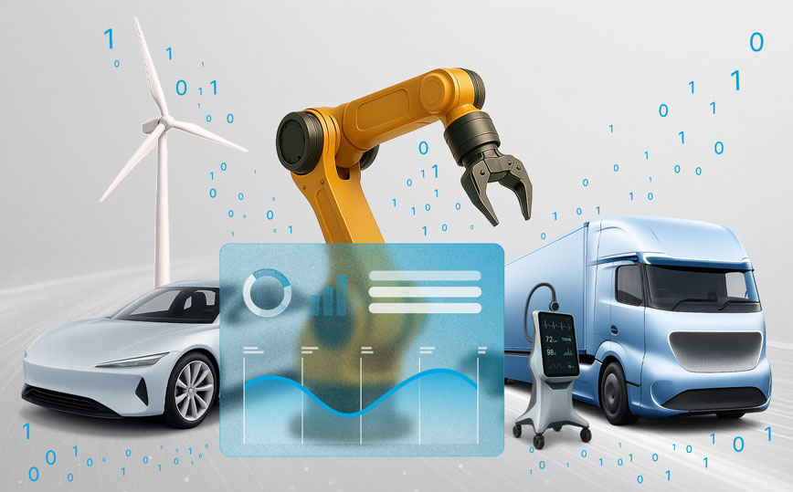 Branchen Keyvisual doubleSlash Ein Windrad, ein weißes Elektroauto, ein gelber Roboterarm, ein digitales Dashboard mit Diagramm, ein medizinisches Überwachungsgerät und ein futuristischer blauer Lkw. Umgeben sind die Objekte von binären Zahlen, die auf Digitalisierung und Datenverarbeitung hinweisen.