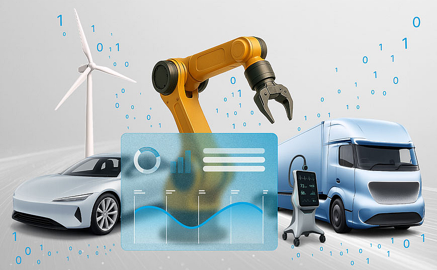 Darstellung verschiedener Branchen in Form von Kran, Windrad, Medizinischem Gerät, Auto und LKW. Gepaart mit einem Dashboard und vielen kleinen 0 und 1.