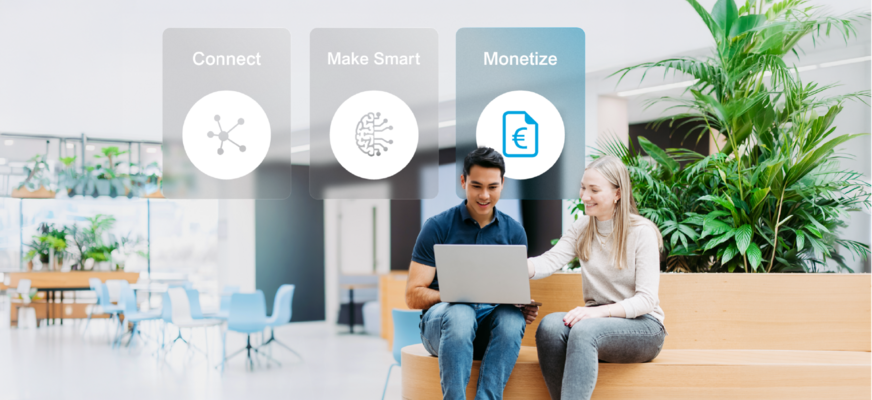 Zwei Mitarbeitende mit Laptop in heller Büroumgebung; darüber die vier Leistungsbereiche  „Connect“, „Make Smart“ und „Monetize“ als visuelle Navigationskacheln dargestellt. Davon "Monetize" hervorgehoben. – KI-generiertes Bild