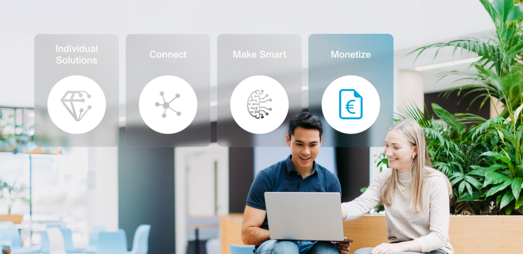 Two employees with laptops in a bright office environment; above them, the four service areas “Individual Solutions,” “Connect,” “Make Smart,” and ‘Monetize’ are displayed as visual navigation tiles. “Monetize” is highlighted.