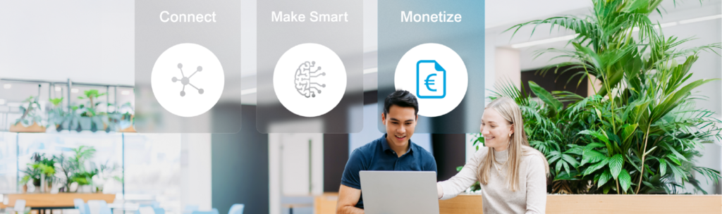 Zwei Mitarbeitende mit Laptop in heller Büroumgebung; darüber die vier Leistungsbereiche  „Connect“, „Make Smart“ und „Monetize“ als visuelle Navigationskacheln dargestellt. Davon "Monetize" hervorgehoben. – KI-generiertes Bild