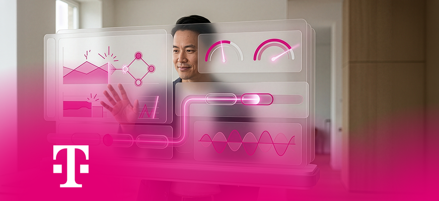 Person interagiert mit virtueller Daten- und Analyseoberfläche im Büro. Telekom-Logo unten. – KI-generiertes Bild
