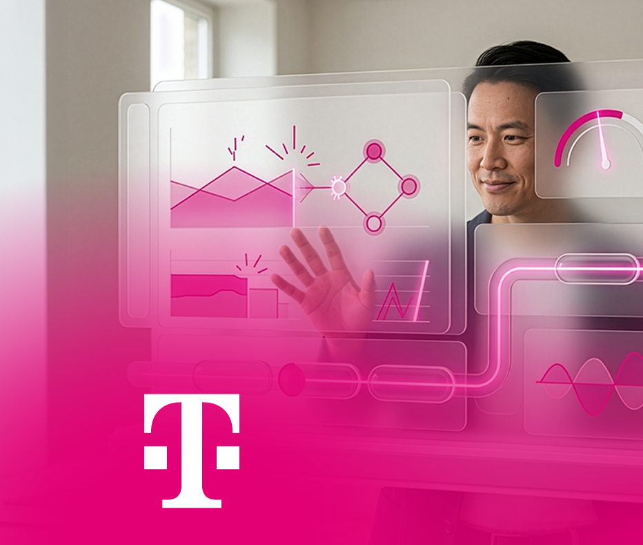 Person interagiert mit virtueller Daten- und Analyseoberfläche im Büro. Telekom-Logo unten. – KI-generiertes Bild