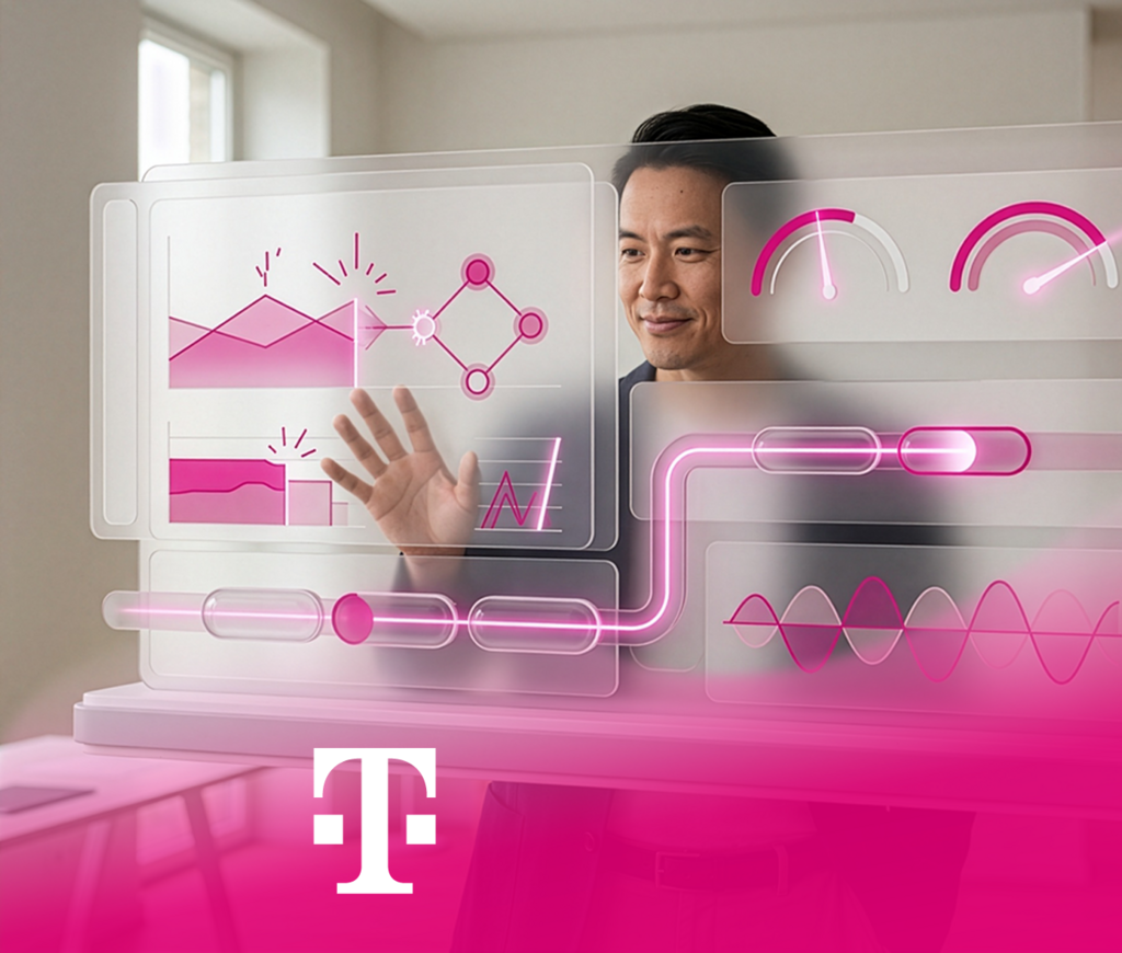 Person interacts with a virtual data and analytics interface in an office. Telekom logo at the bottom.