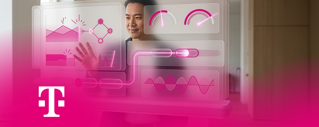 Person interagiert mit virtueller Daten- und Analyseoberfläche im Büro. Telekom-Logo unten. – KI-generiertes Bild