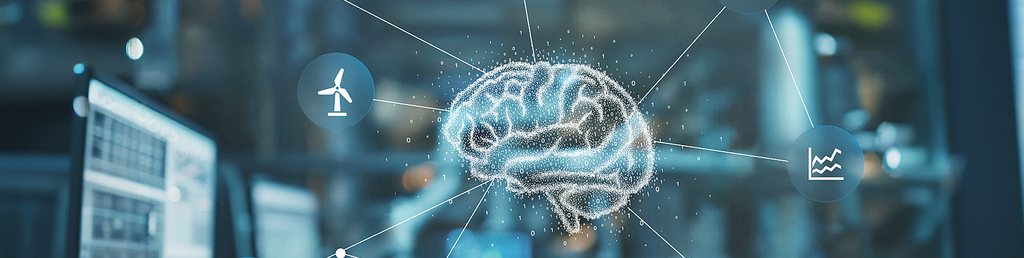 Brain made up of 0s and 1s as a symbol for AI, with connection lines leading to various icons representing networking and analysis.