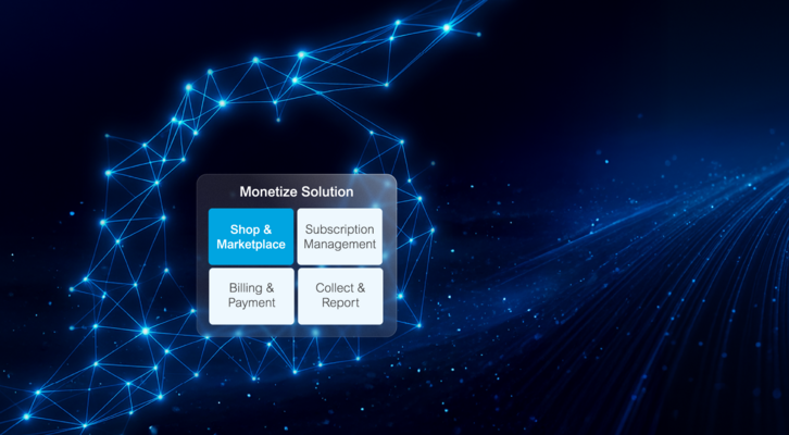 Digital network structure featuring a monetization solution with a focus on “Shop & Marketplace,” alongside modules for subscription, billing, and reporting.