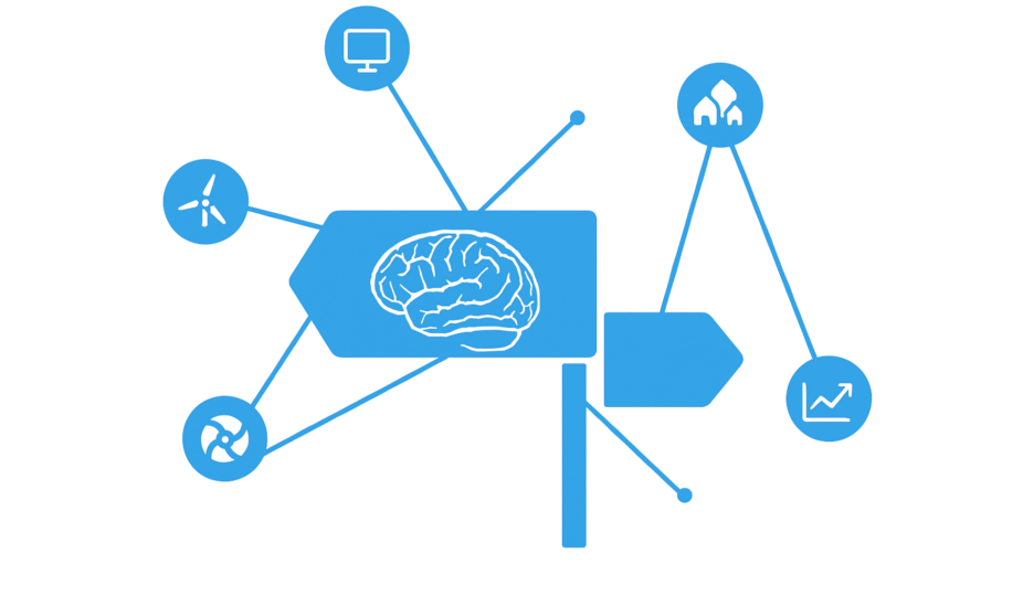 Illustration KI Use Case Workshop Key VIsual Gehirn auf Schild mit Verknüpfungen die KI wiederspiegeln
