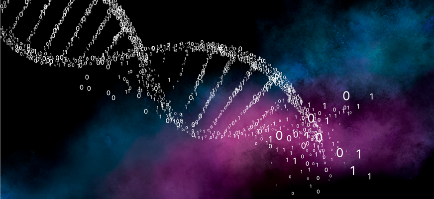 DNA schwebend im Universum, bestehend aus 0 und 1