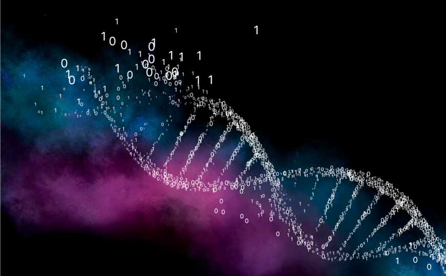 DNA floating in the universe, made from 0 and 1