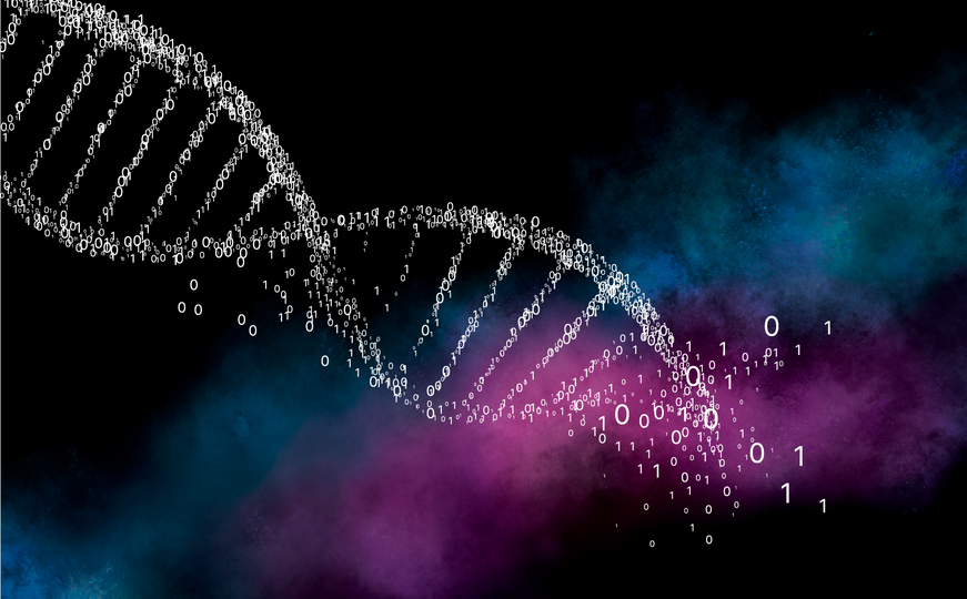 DNA floating in the universe, made from 0 and 1