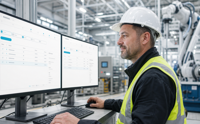 Laptop displaying technical design drawings in a production environment with industrial robots and machinery. – AI-generated image