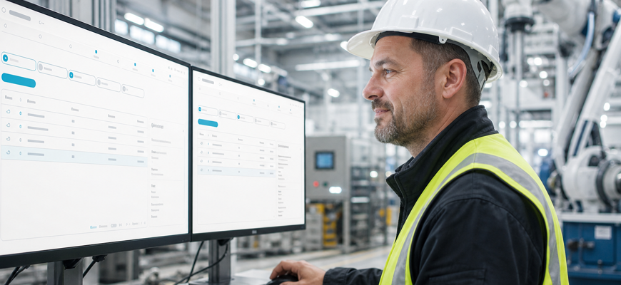 Laptop mit technischen Konstruktionszeichnungen in einer Produktionsumgebung mit Industrierobotern und Maschinen. – KI-generiertes Bild