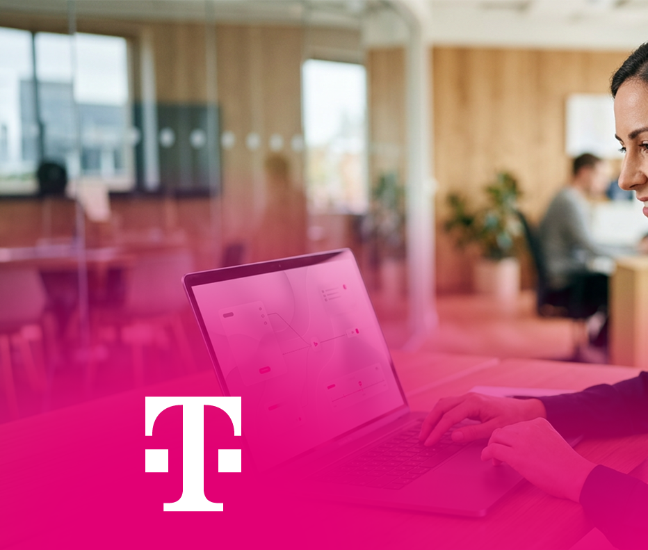 Woman with headset works on a laptop with a service interface in an office. Telekom logo at the bottom. – AI-generated image