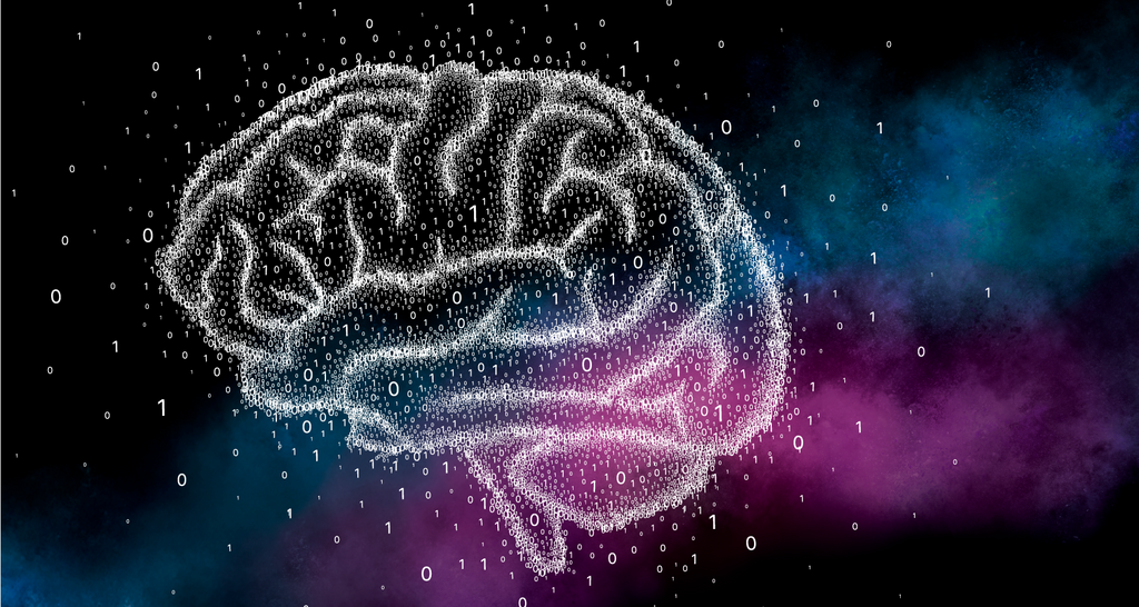 Visualization of AI through a brain surrounded by data