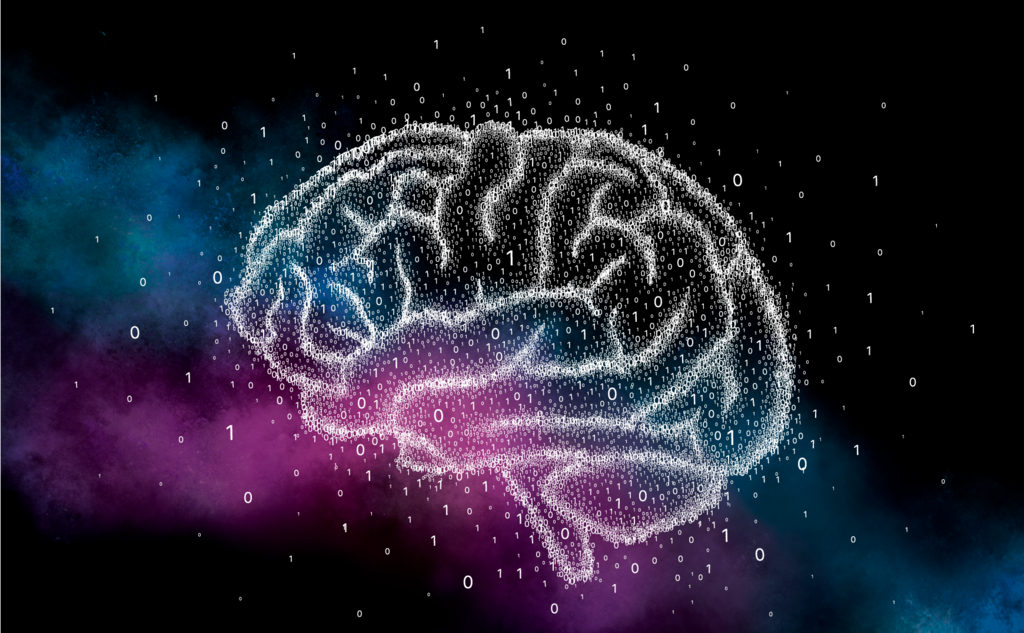 Visualization of AI through a brain surrounded by data