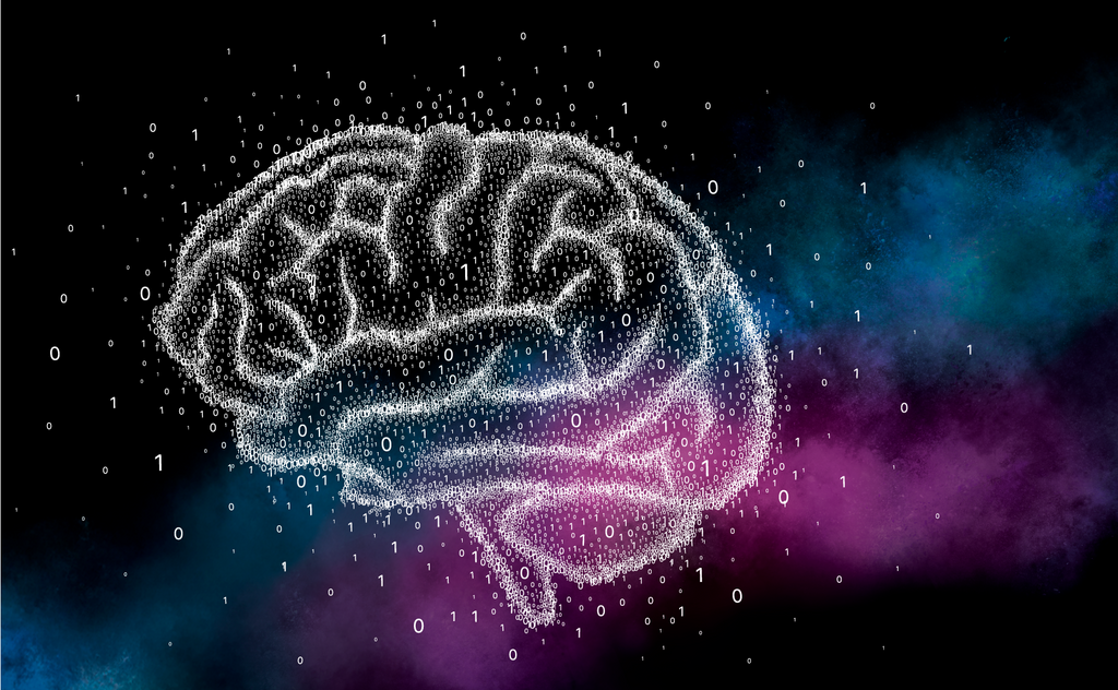 Visualization of AI through a brain surrounded by data