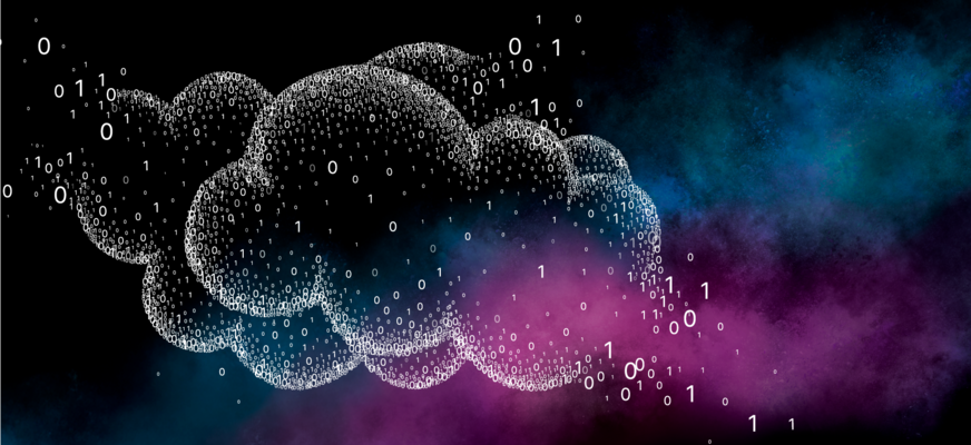 Wolke bestehend aus 0 und 1, fliegend im Weltraum