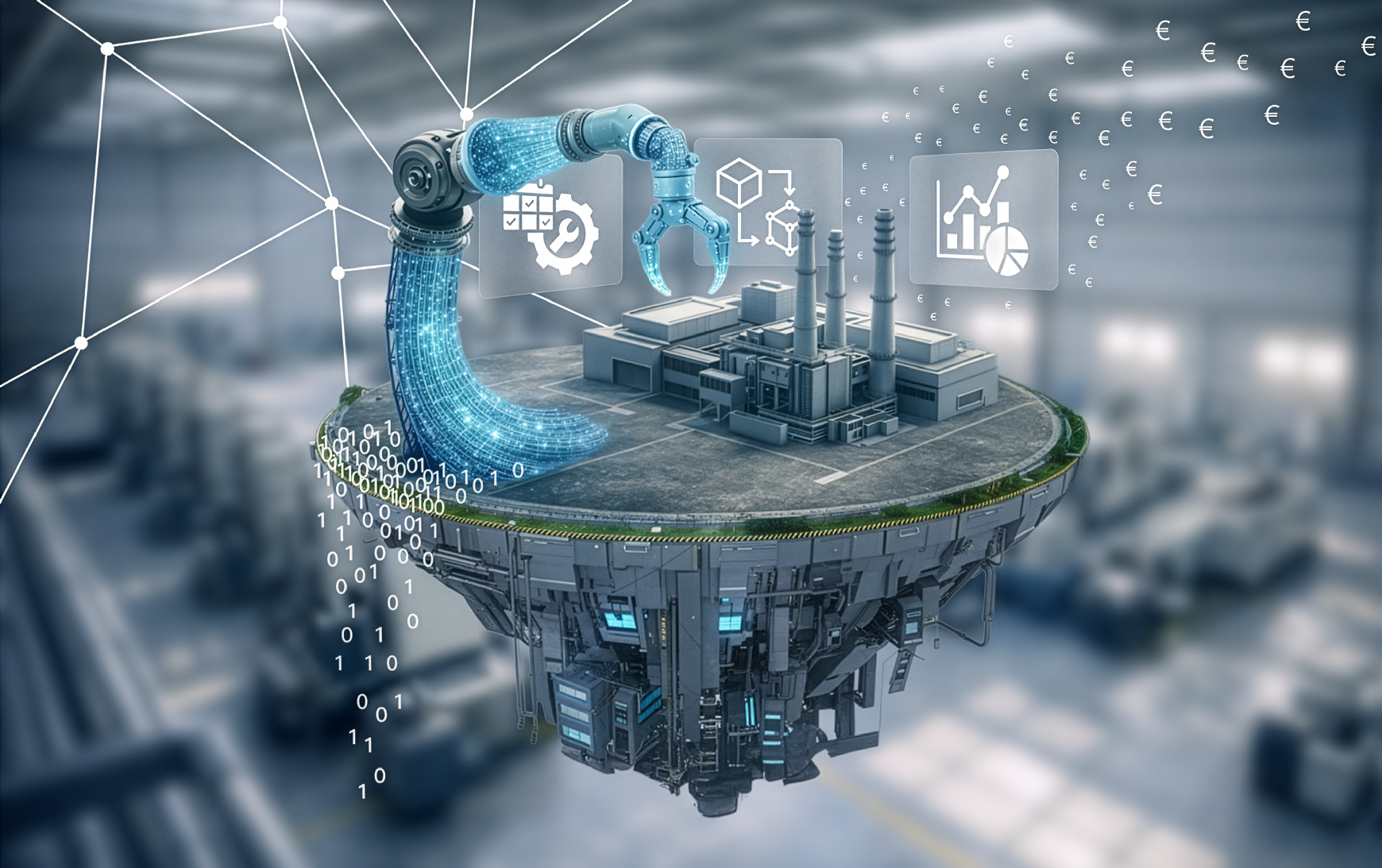 Schwebende Industrieplattform mit Fabrik, digitalem Roboterarm und Datenströmen, ergänzt durch Analyse-Icons und Euro-Symbole – Symbolbild für datengetriebene Produktion.