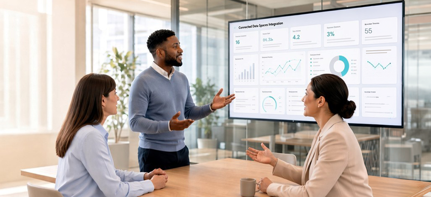 Drei Personen besprechen vor einem Dashboard zu Connected Dataspaces Integration im Meetingraum Daten und Kennzahlen. – KI-generiertes Bild