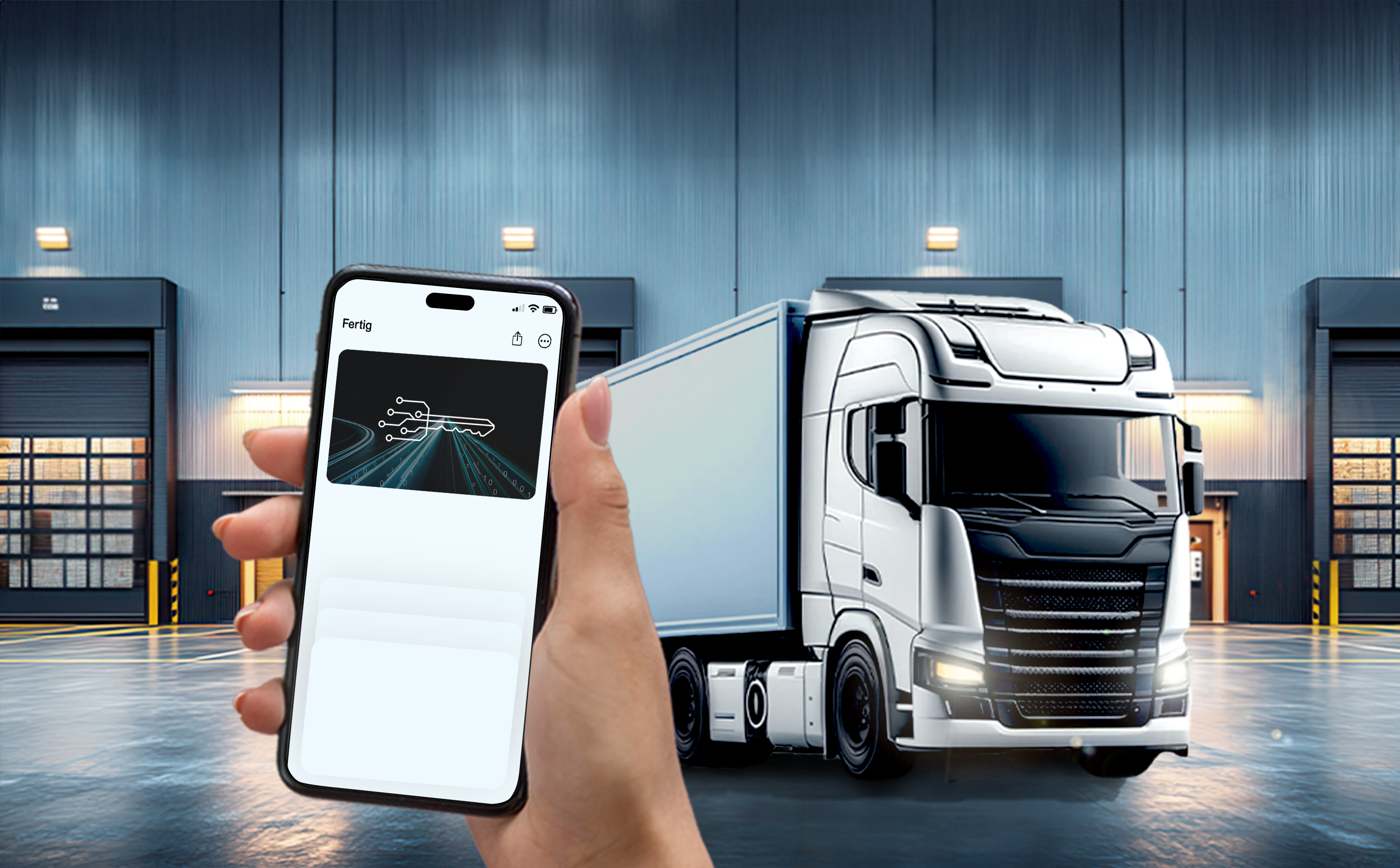 Smartphone with digital vehicle key, a truck in the background
