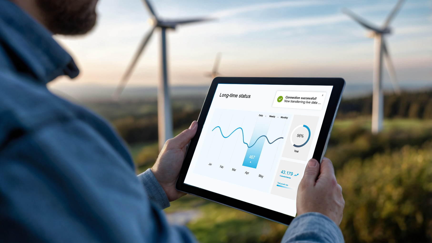 Person hält ein Tablet mit IoT-Dashboard vor Windrädern; angezeigt wird ein Statusdiagramm mit Live-Daten und Verbindungsinfo.