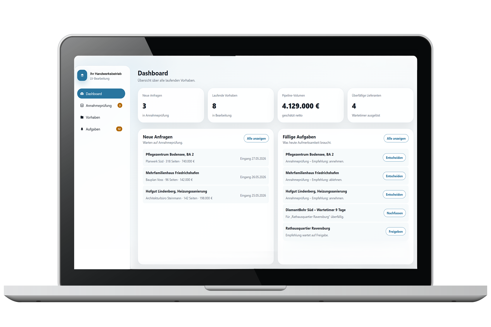 A laptop shows a dashboard for AI support in craft business processes.