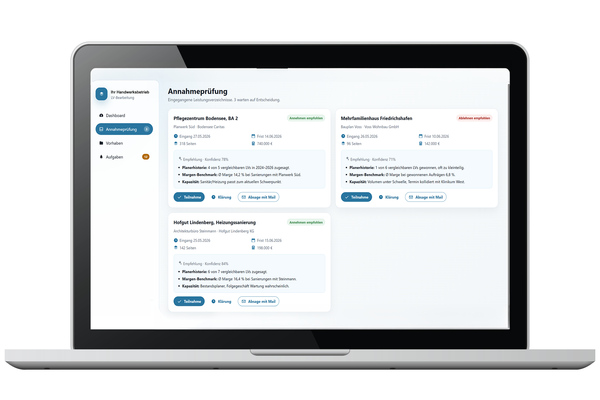 A laptop shows AI-supported acceptance review for bills of quantities in craft businesses.