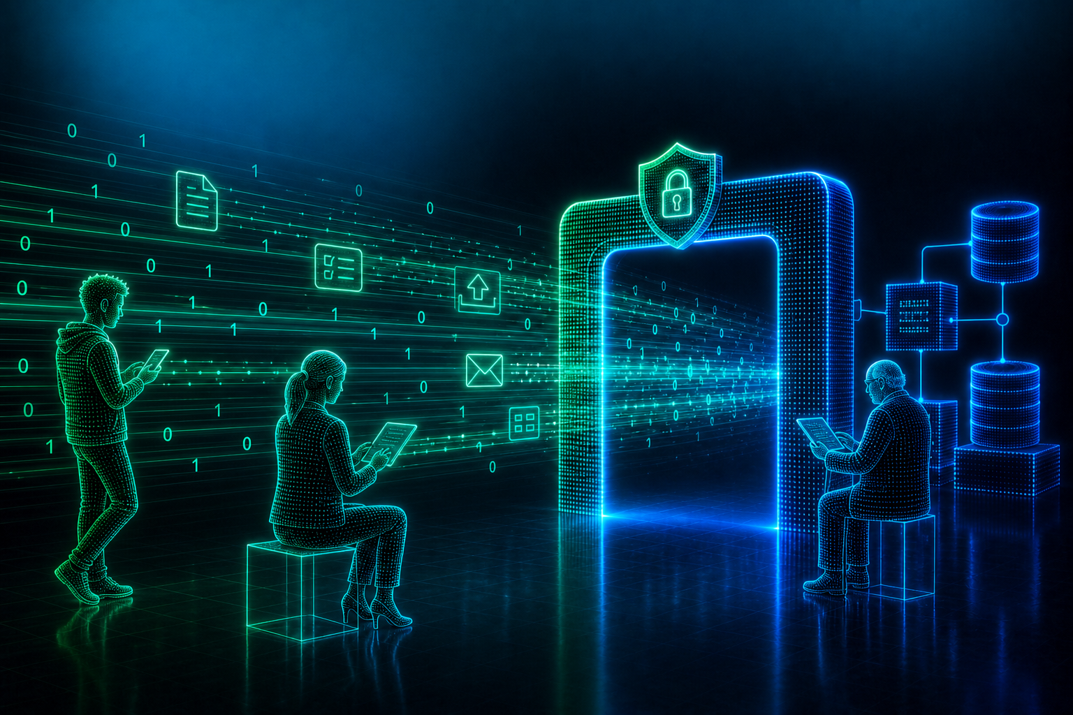 Leuchtendes digitales Portal-Gate mit Datenströmen und verbundenen Systemmodulen als Symbol für moderne Portalentwicklung und Systemintegration.
