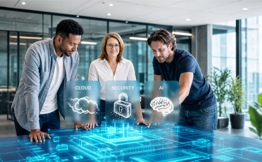 Team plant individuelle Softwarelösungen mit Cloud, Security und KI.