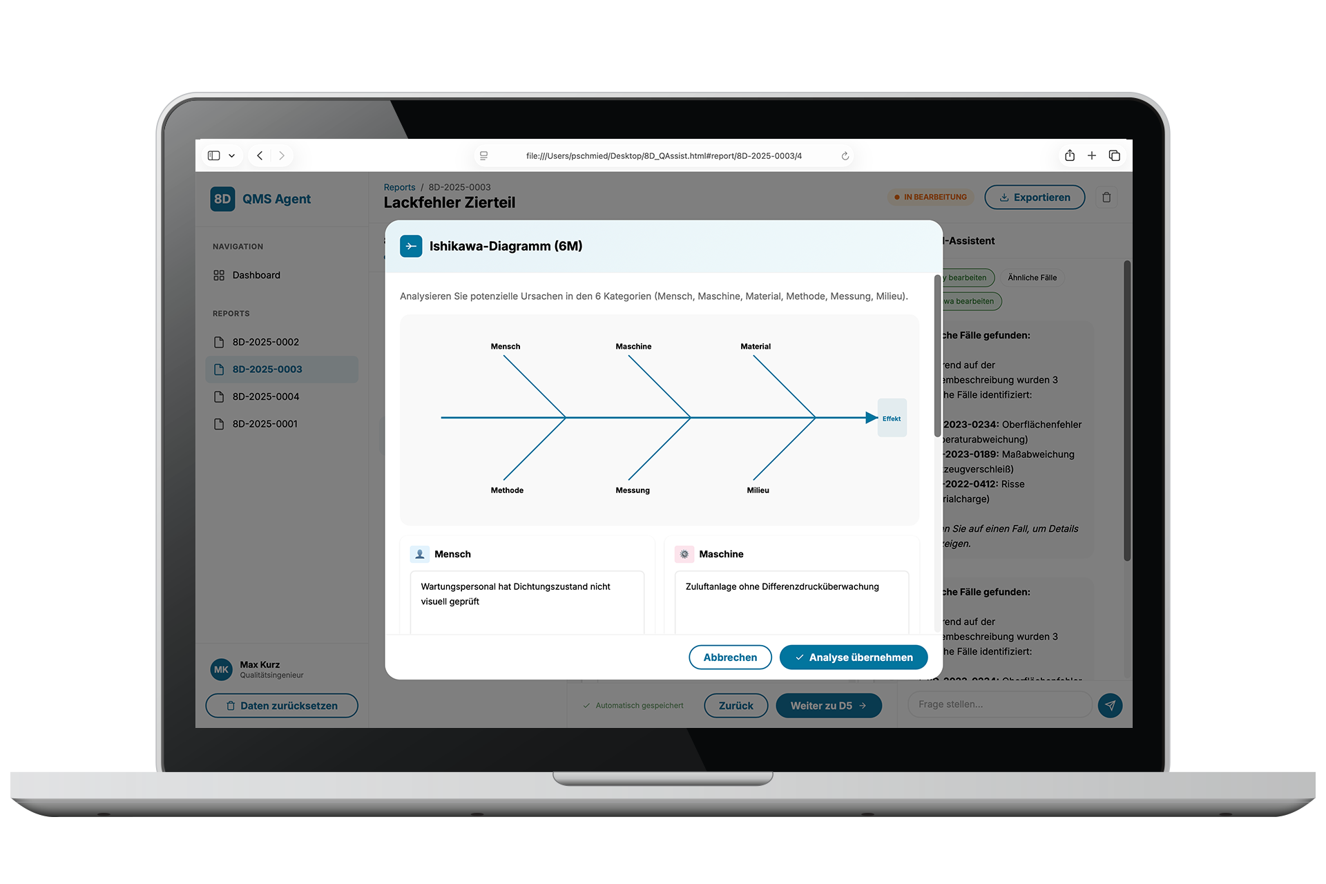 KI gestützter 8D-Report mit dem doubleSlash AI Assistant: Ansicht Dashboard