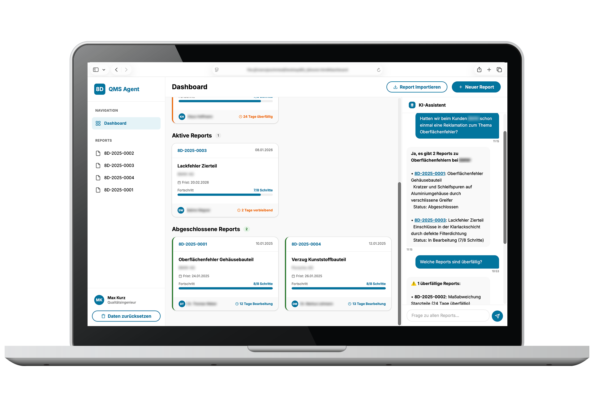 KI gestützter 8D-Report mit dem doubleSlash AI Assistant: Ansicht Dashboard