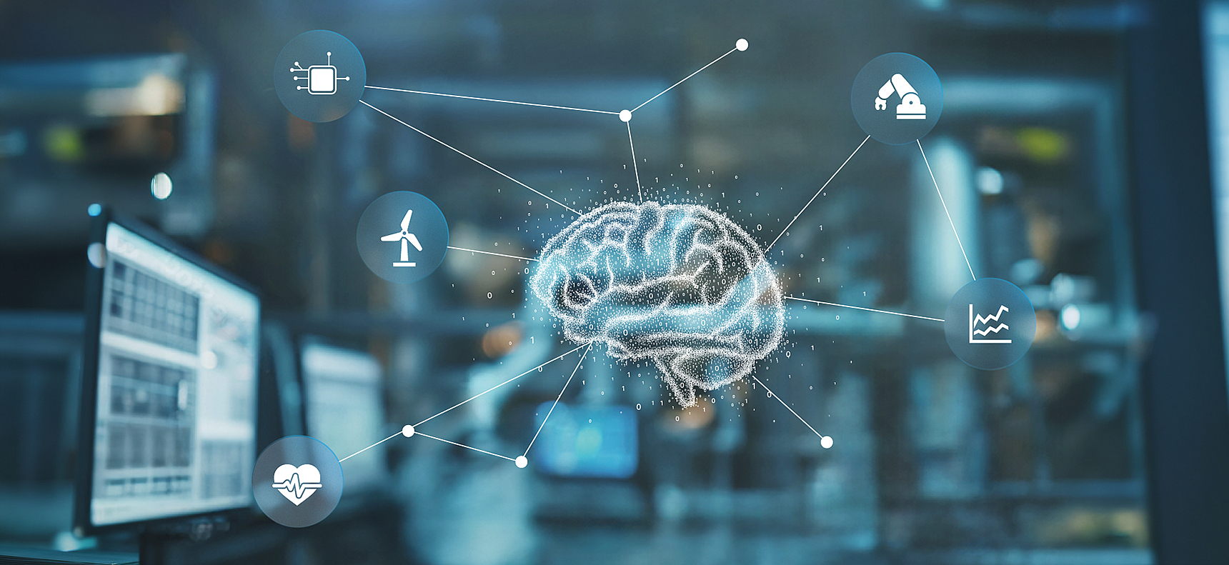 Brain made up of 0s and 1s as a symbol for AI, with connection lines leading to various icons representing networking and analysis.