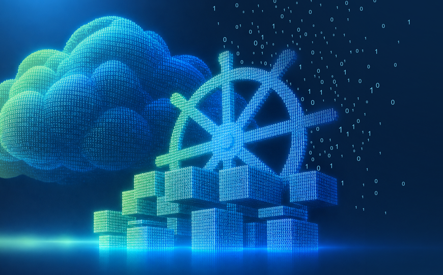 Steering wheel made of binary code with Kubernetes cubes as a symbol for managed cloud operations.