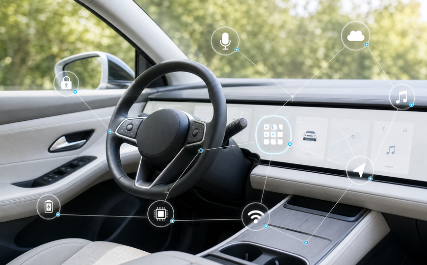 Interior of a connected car with digital functions and icons. – AI-generated image