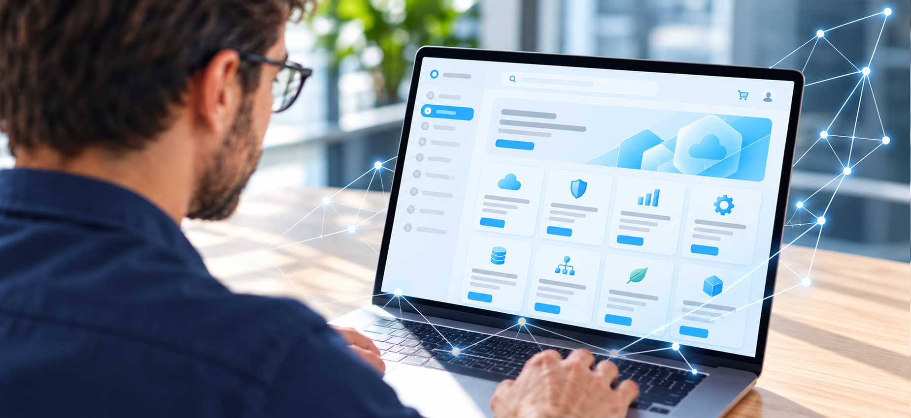 An employee works on a laptop displaying a digital service platform with connected icons. – AI-generated image