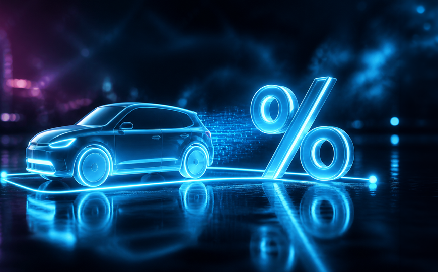 Digital car with a percentage sign as a symbol for vehicle discounts. – AI-generated image