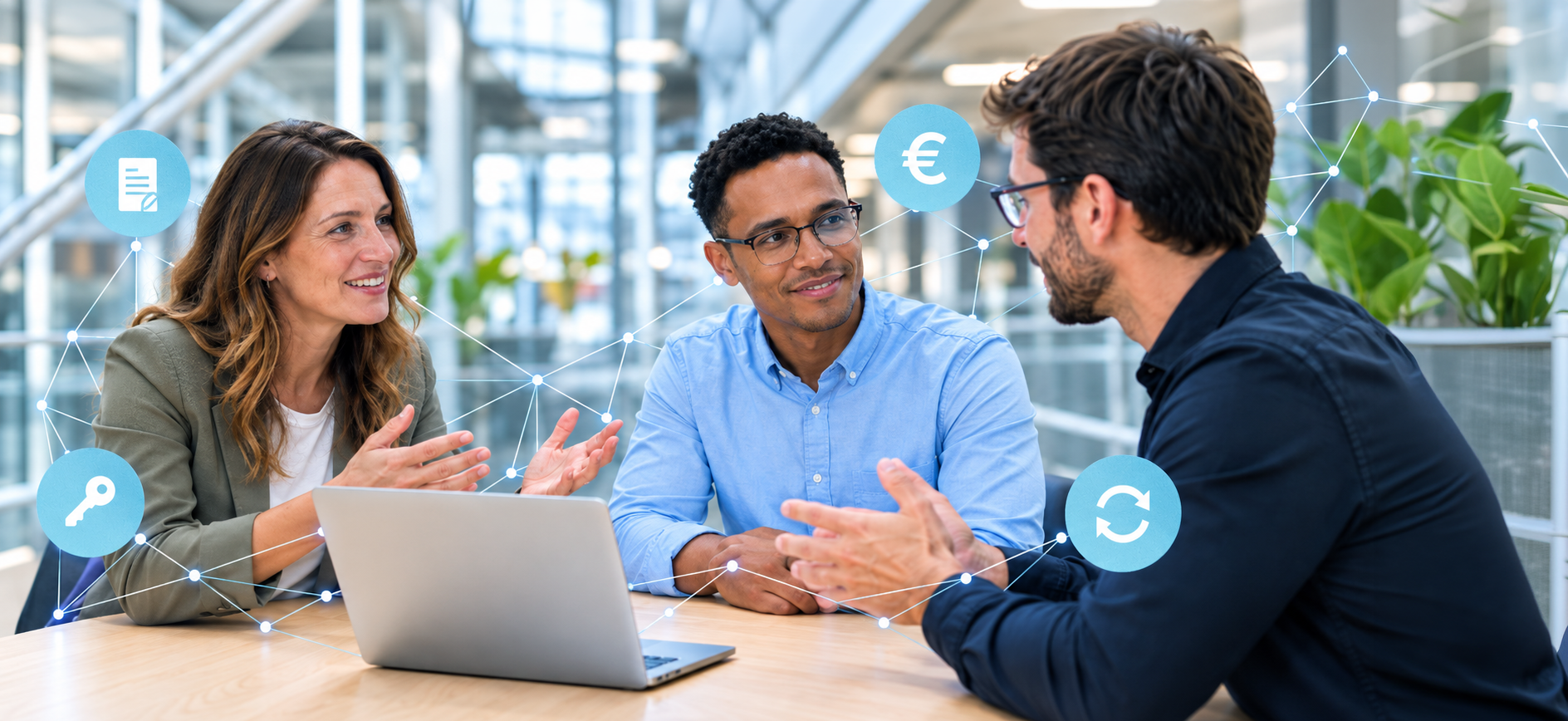 Drei Mitarbeitende besprechen sich am Laptop, umgeben von Symbolen für Vertrag, Euro, Schlüssel und Kreislauf. – AI-generated image