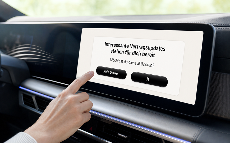 A car touchscreen shows available contract updates for activation. – AI-generated image