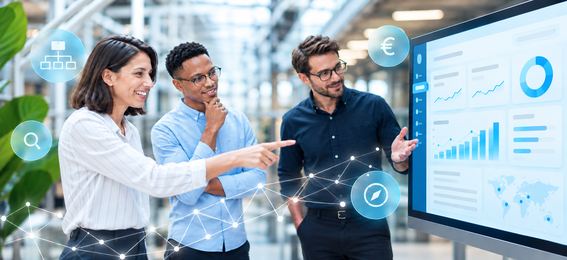 Drei Mitarbeitende betrachten ein digitales Dashboard mit Diagrammen und vernetzten Symbolen. – AI-generated image