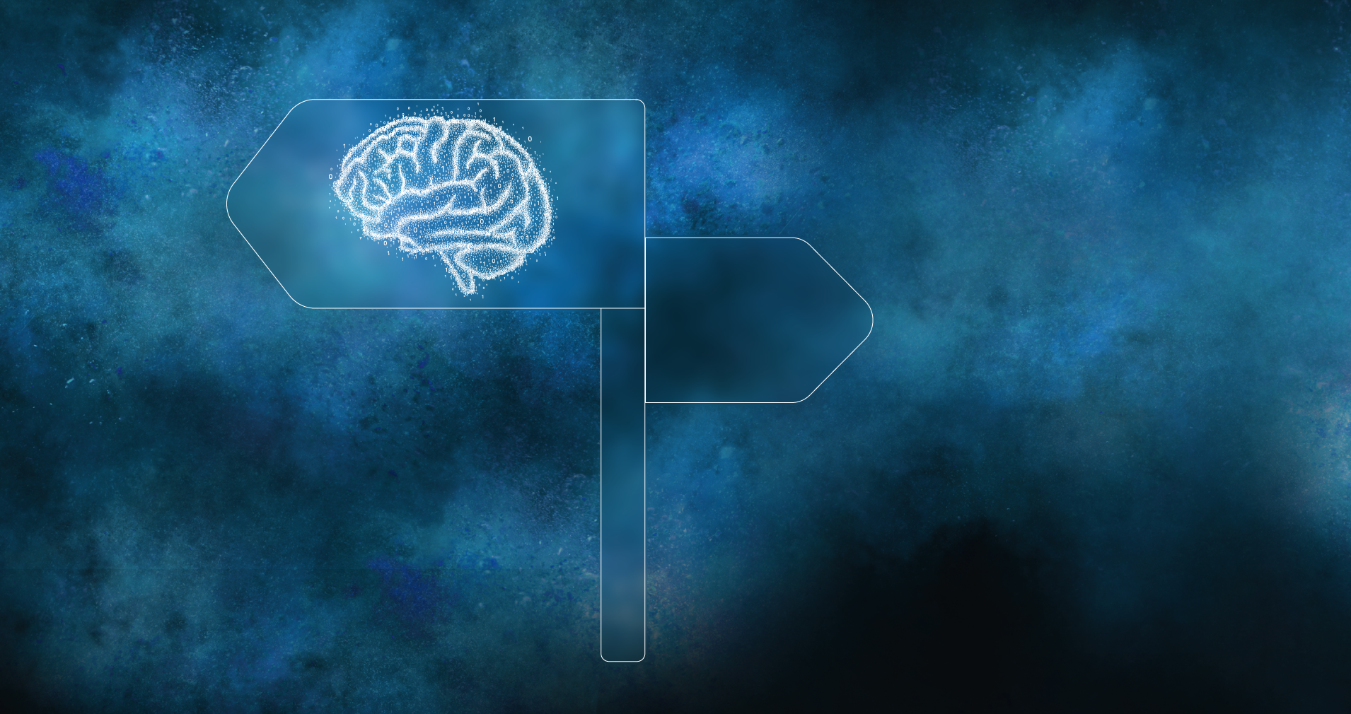 Wegweiser mit Gehirn und blauer Galaxie im Hintergrund KI Use Case Workshop