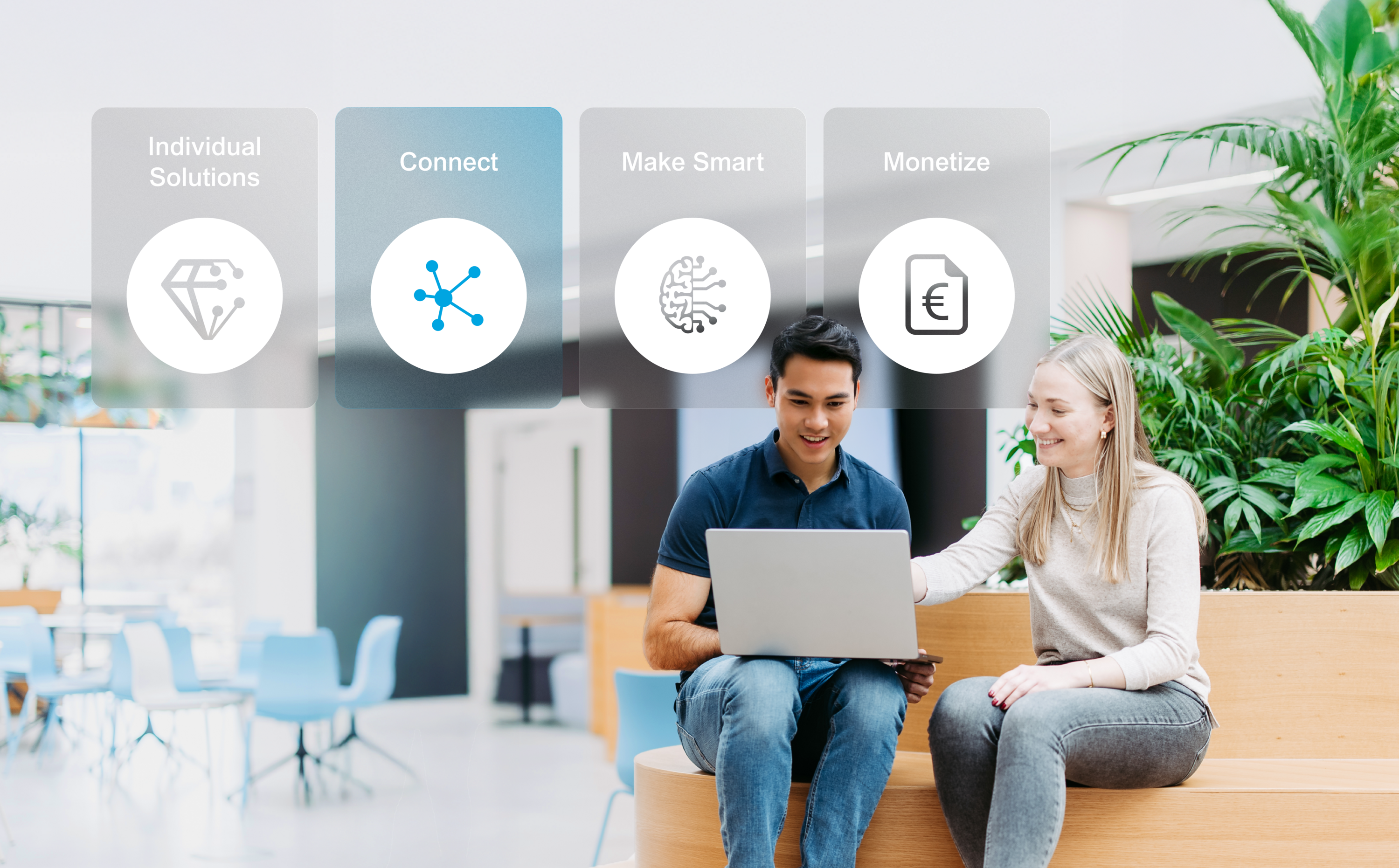 Two employees with laptops in a bright office environment; above them, the four service areas “Individual Solutions,” “Connect,” “Make Smart,” and ‘Monetize’ are displayed as visual navigation tiles. “Connect” is highlighted.