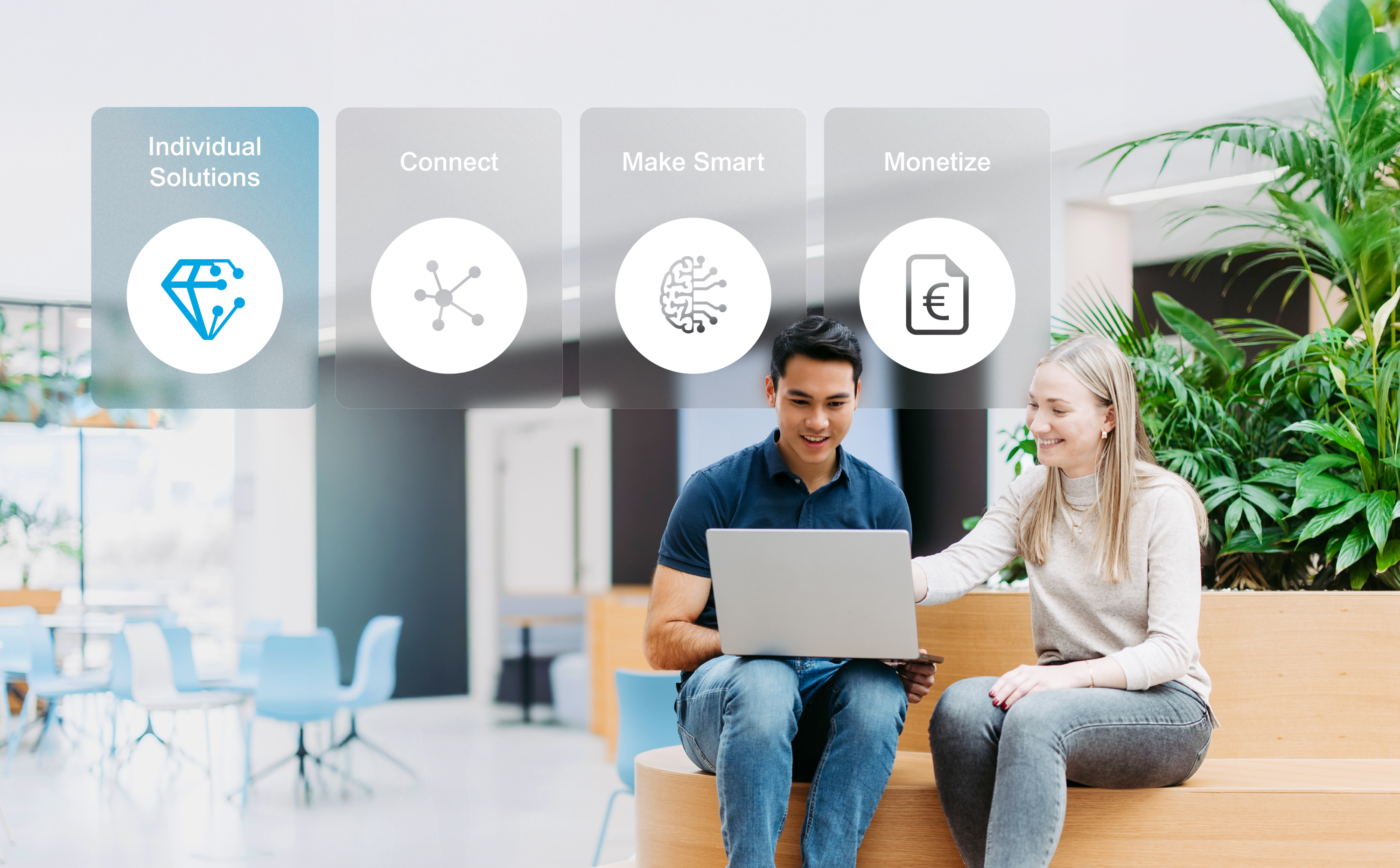 Zwei Mitarbeitende mit Laptop in heller Büroumgebung; darüber die vier Leistungsbereiche „Individual Solutions“, „Connect“, „Make Smart“ und „Monetize“ als visuelle Navigationskacheln dargestellt. Davon "Individual Solutions" hervorgehoben.