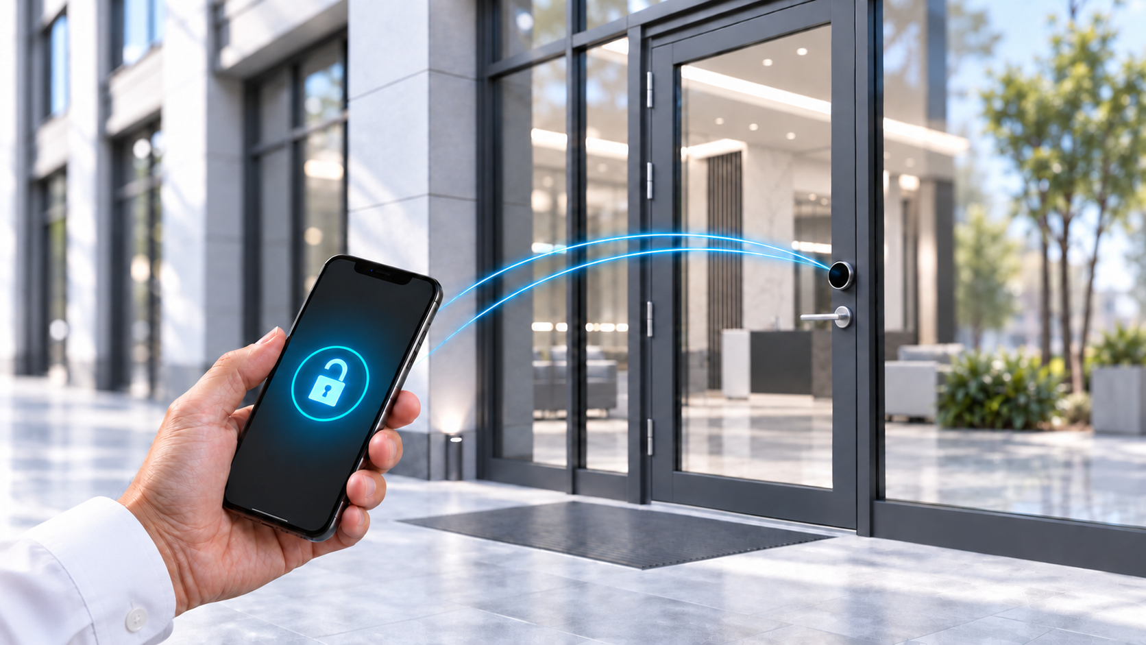 Geschäftstür wird mit dem Handy via Smart Access geöffnet