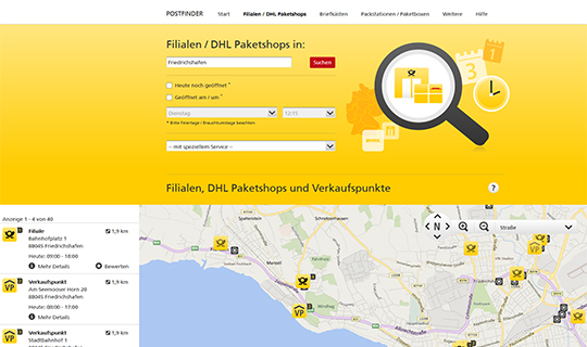 doubleSlash Referenzen, Deutsche Post, Postfinder Ergebnis nach PLZ-Eingabe