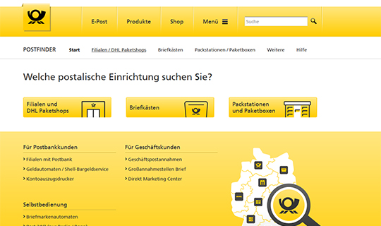 doubleSlash Referenzen, Deutsche Post, Postfinder Startseite