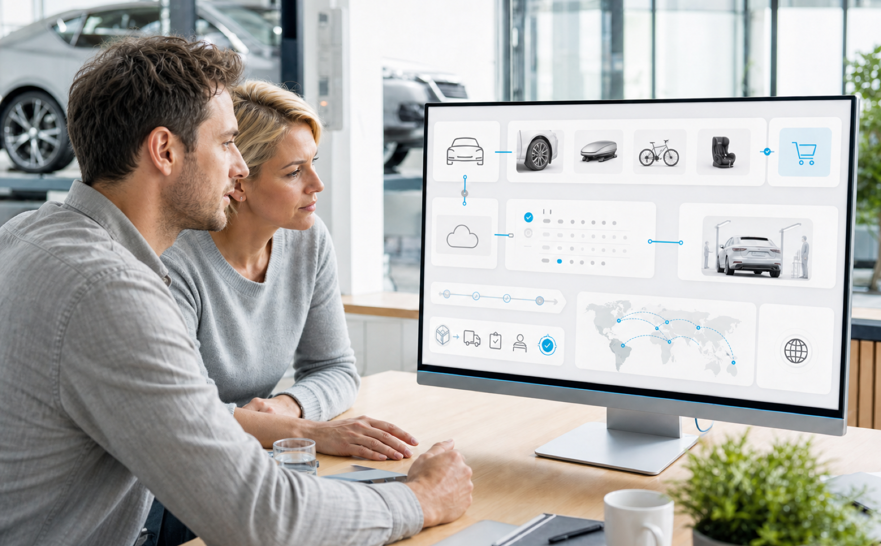Zwei Fachpersonen betrachten in einem hellen modernen Arbeitsraum eine Automotive-E-Commerce-Plattform mit Fahrzeug-, Produkt-, Checkout- und Service-Termin-Symbolen auf einem großen Monitor.