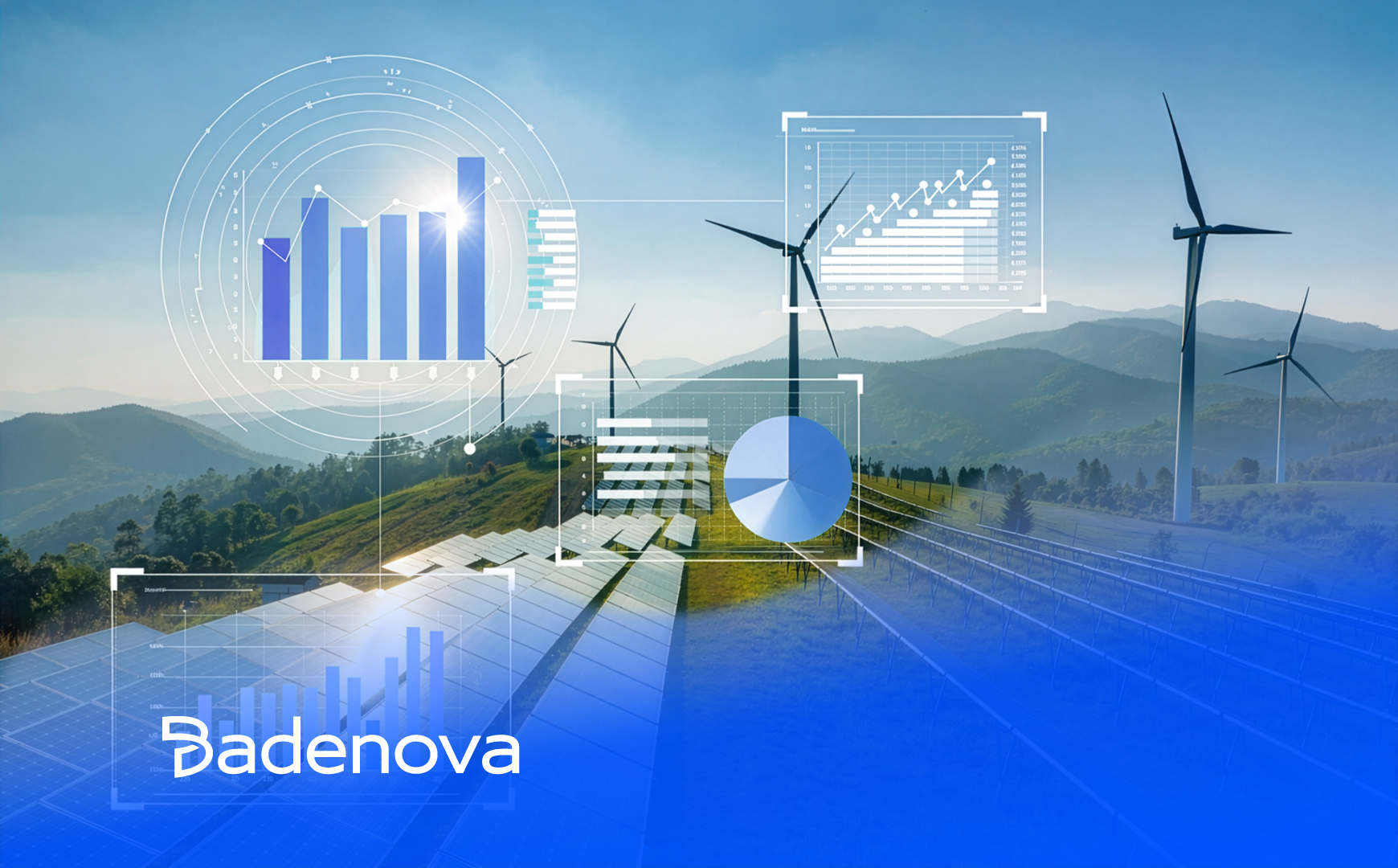 Windräder und Solaranlagen in Landschaft mit eingeblendeten Datenvisualisierungen. „Badenova“-Logo unten links.