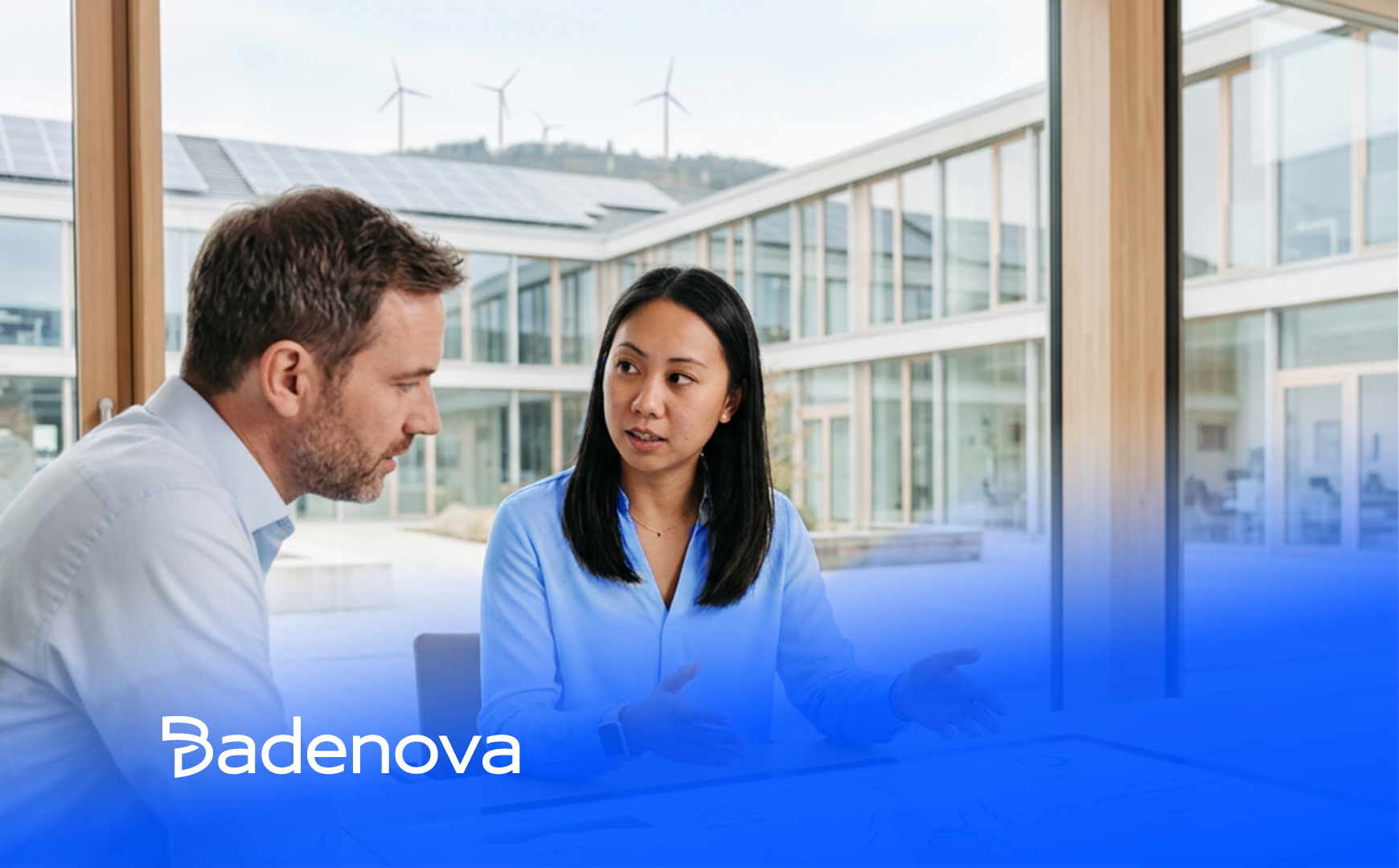 Two people in discussion; modern building with solar panels and wind turbines in the background. “Badenova” logo bottom left.