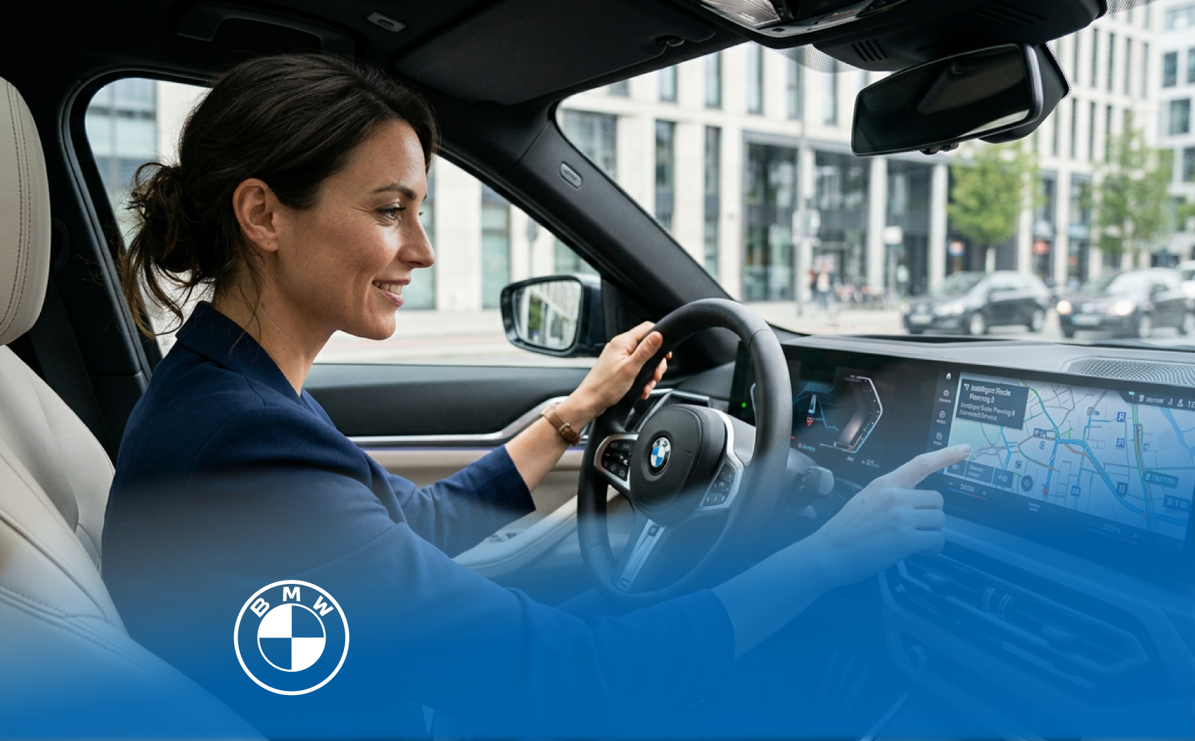 Fahrerin nutzt die digitale Navigation im BMW Cockpit.
